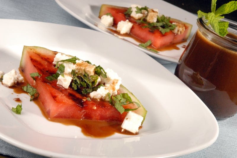 Grilled Watermelon “Caprese” Wedges with Pomegranate Molasses Vinaigrette