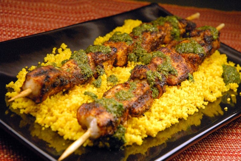 Moroccan Chicken Skewers with Herb Sauce